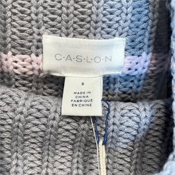 Caslon Shaker Knit Mock Neck Sweater in Grey and Pink Stripes Small NWT - Picture 4 of 7